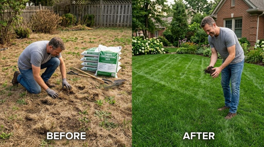 Realistic garden scene showing before and after lawn treatme