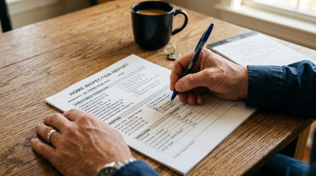 Close-up of hands holding property inspection report and pen