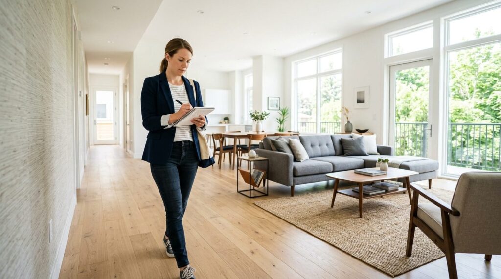 Home buyer taking notes while walking through residential pr