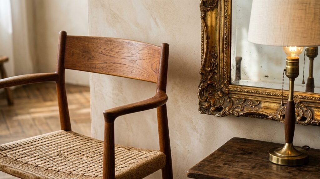 Close-up detail shot of vintage and antique furniture pieces