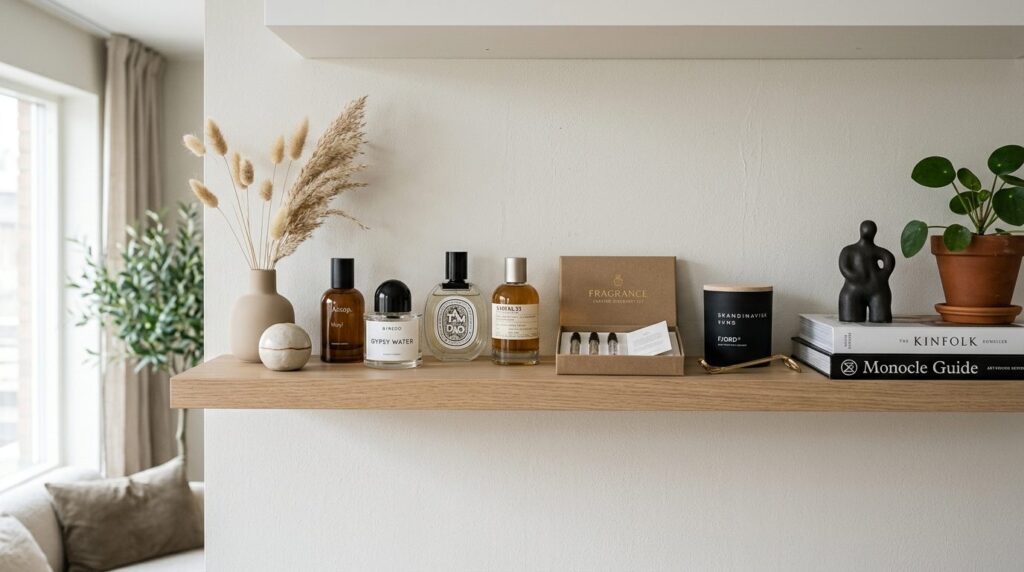 Modern minimalist home shelf styling with a curated selectio