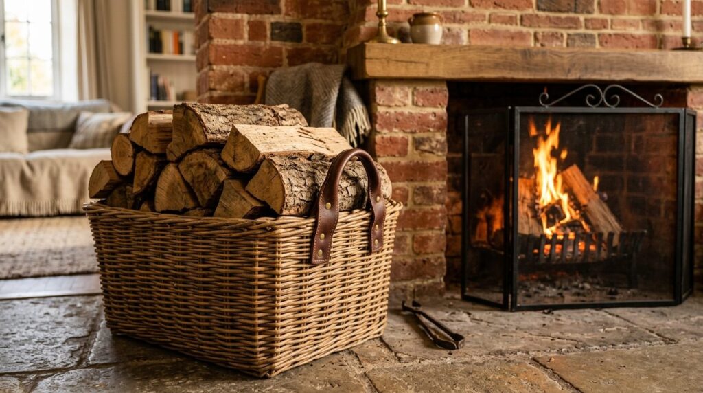 Close-up professional product shot of a woven wicker firewoo