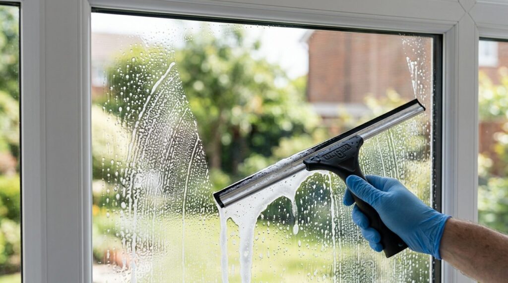 Close-up detail shot of a window cleaners squeegee removing