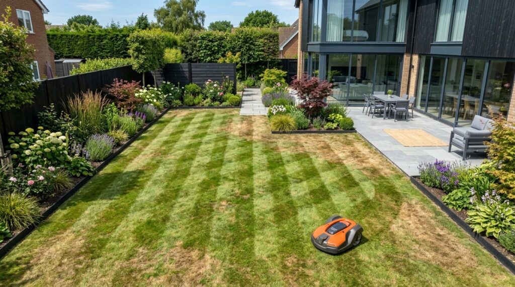High-quality overhead view of a residential backyard lawn wi