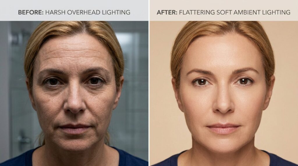 Split-screen comparison: left side shows same womans forehe