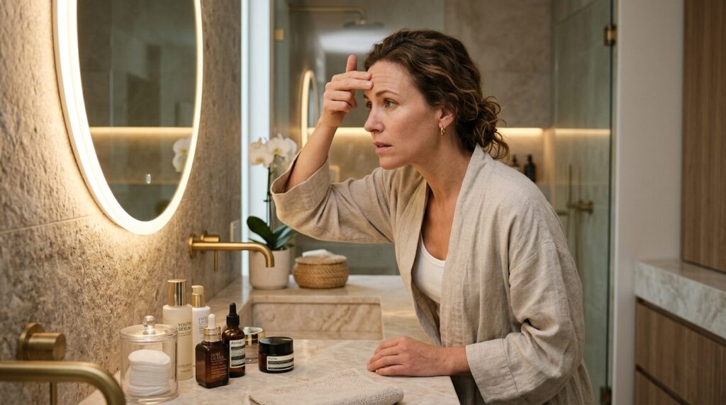 Woman in luxury modern bathroom studying her forehead reflec