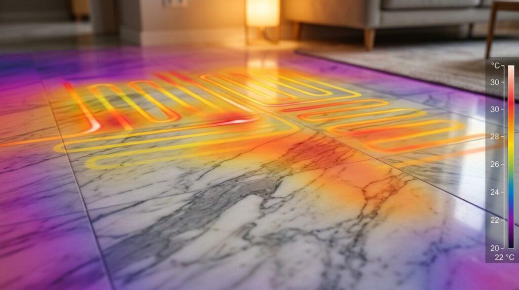 Close-up detailed shot of marble floor tiles with visible ve
