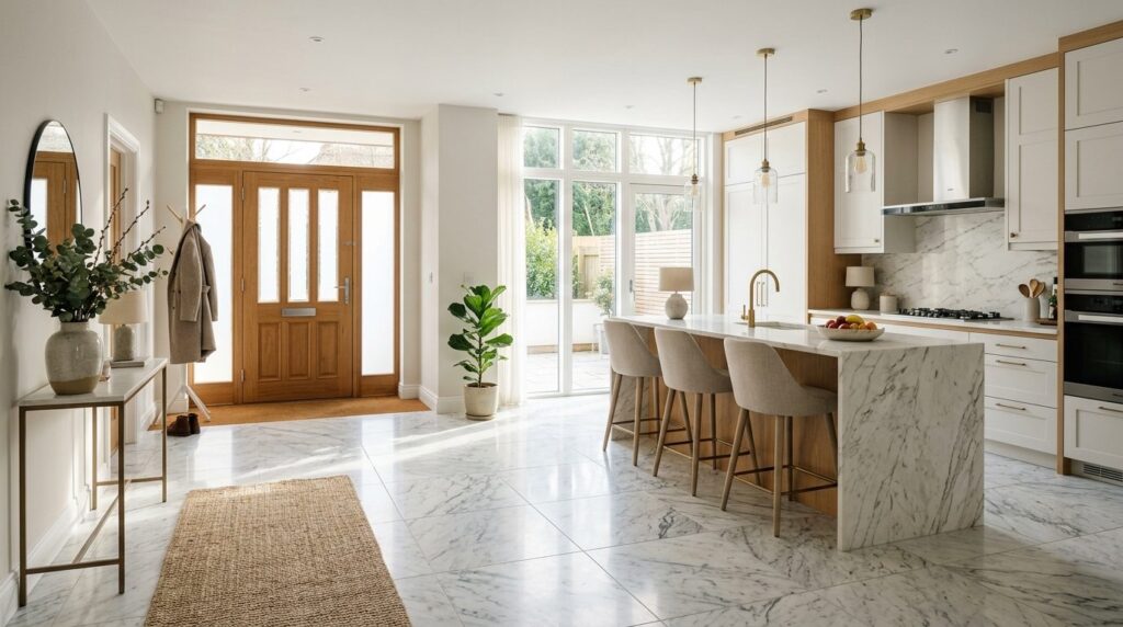 Contemporary kitchen and entrance area with seamless white a