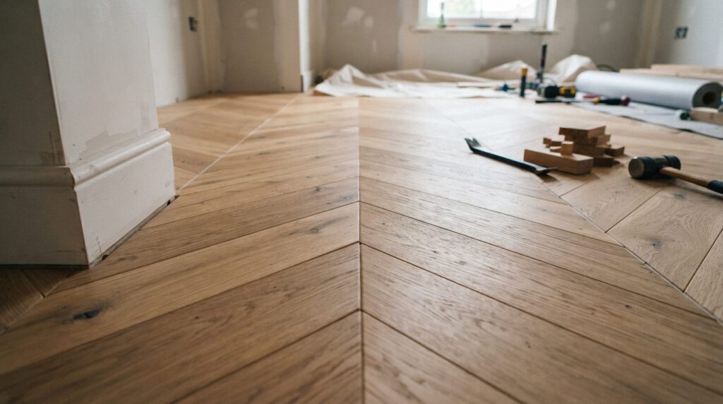 Close-up detail shot of premium wood flooring installation s