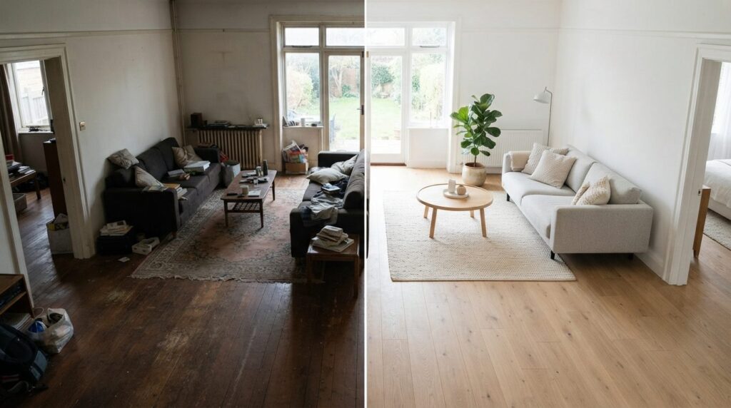 Overhead interior photography comparing before and after of
