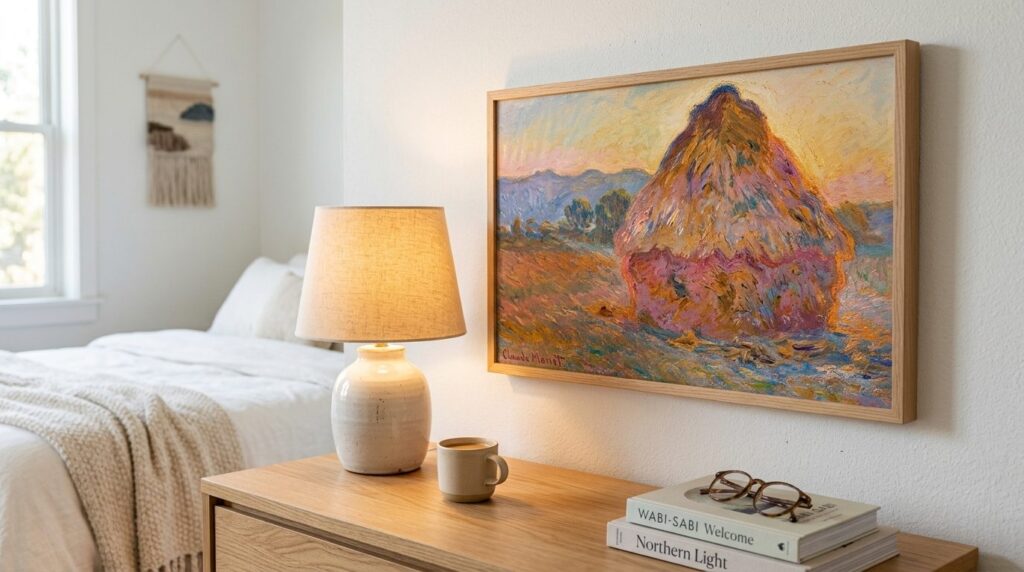 Close-up detail of a Monet Haystacks series art print hangin