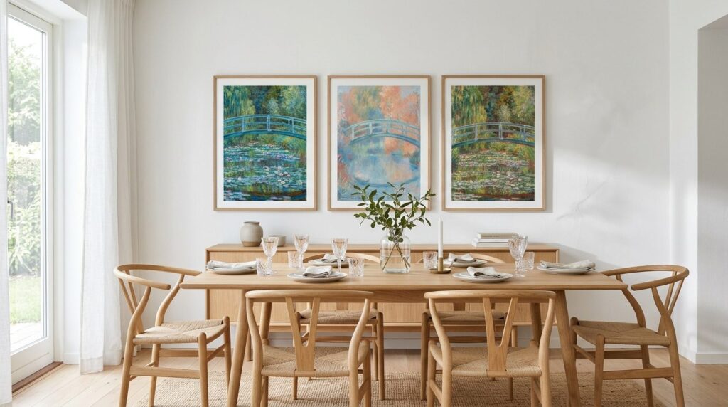 Bright Scandinavian dining room with all-white walls and lig