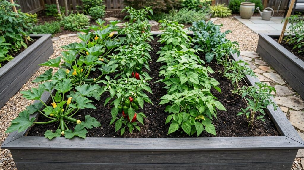 Close-up overhead view of a modern raised bed garden made fr