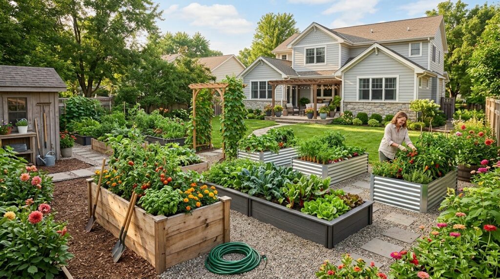 Wide angle shot of a residential backyard with multiple rais