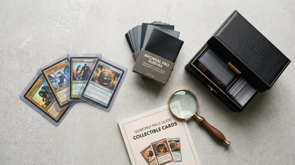 Close-up flat lay photography of card collecting accessories
