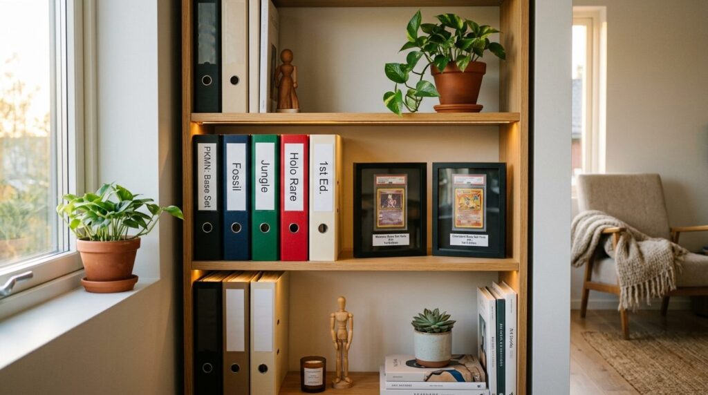 Cozy home interior scene showing a card collection display s