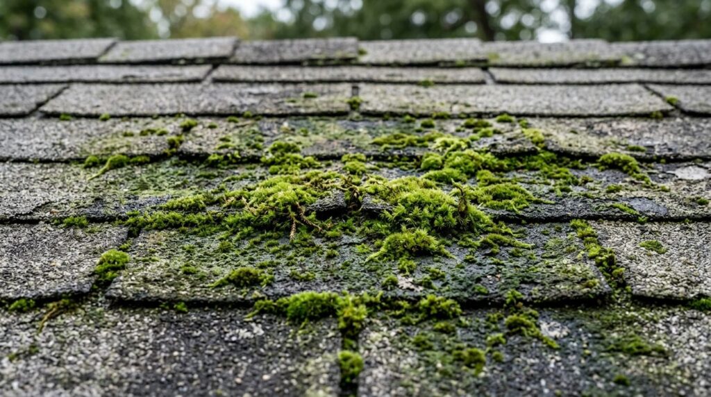 Close-up detailed view of asphalt roof shingles affected by 