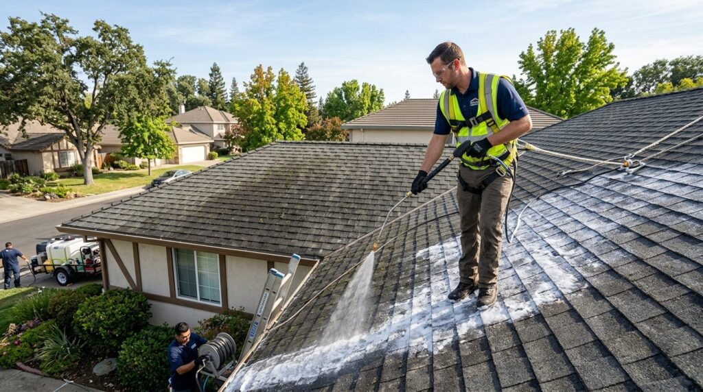 Professional contractor carefully cleaning roof shingles usi