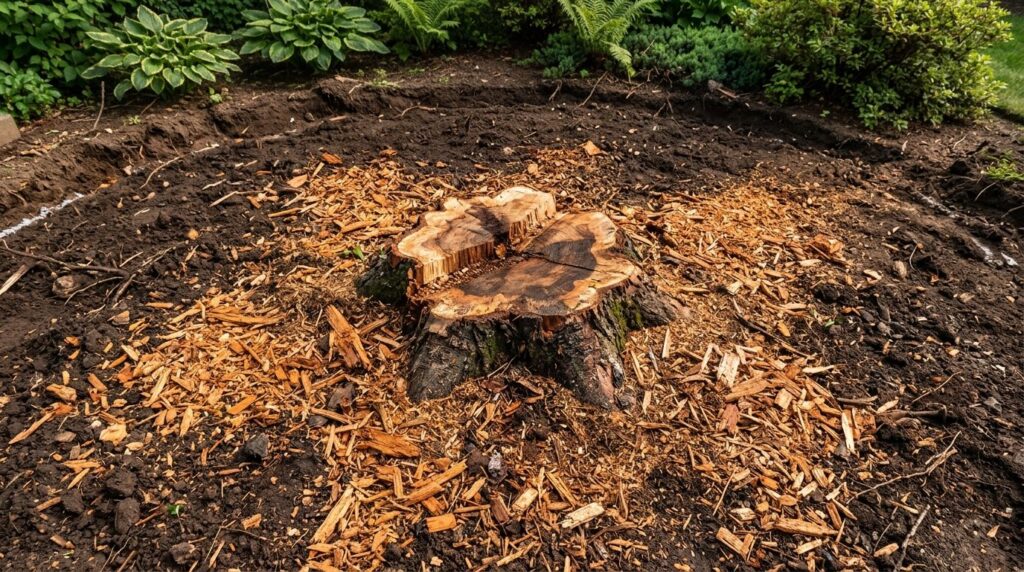 Close-up overhead view of freshly ground tree stump with woo