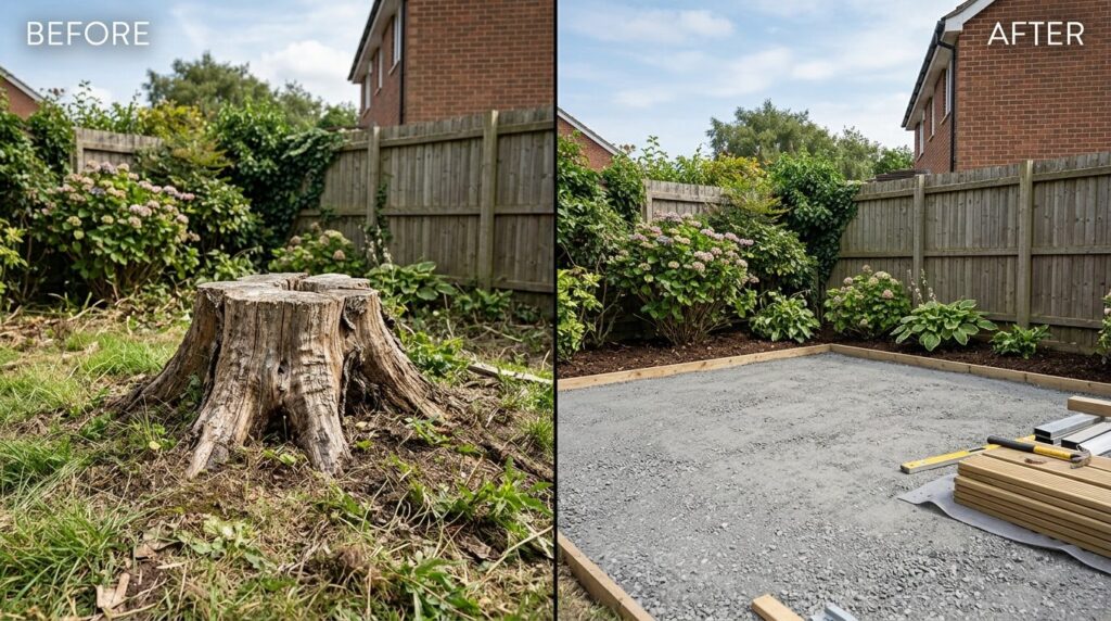 Before and after split-screen style image showing old wooden