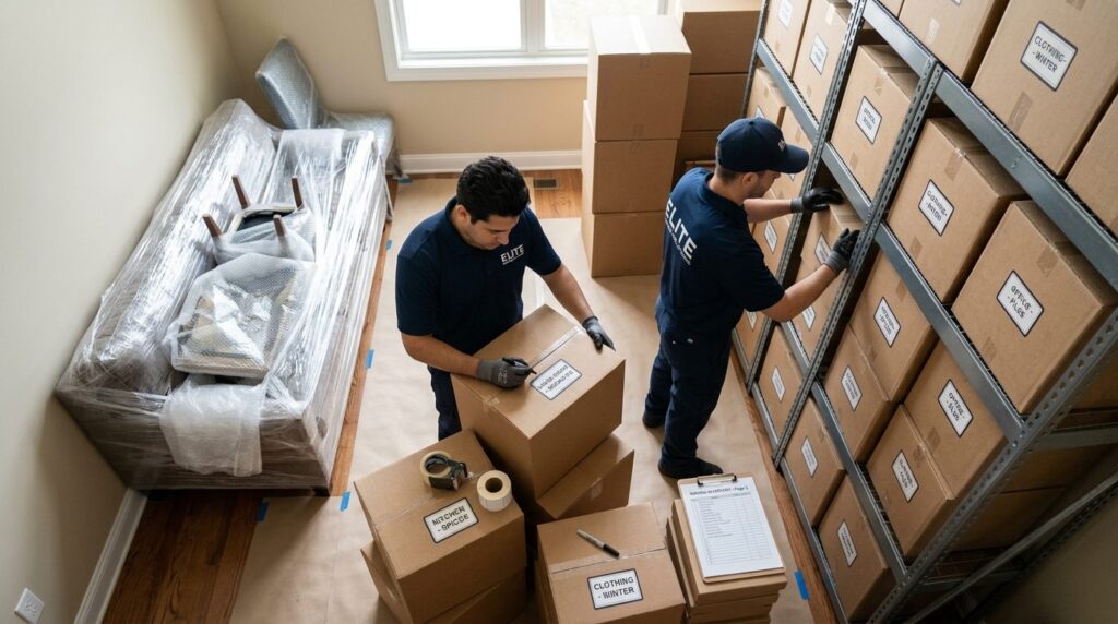 Close-up overhead view of professional movers organizing and