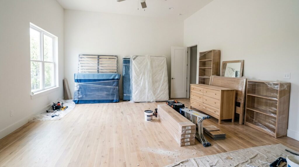 Wide shot of a residential bedroom with temporary furniture 