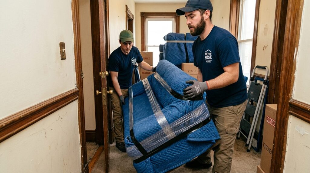 Close-up photograph of professional movers using specialized