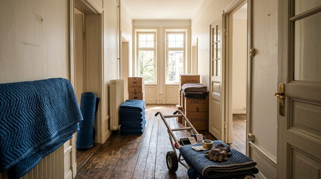 Wide-angle interior shot of an empty older apartment with ch