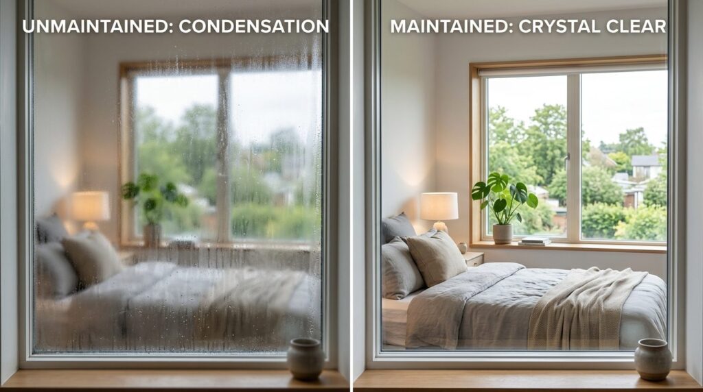 Comparison split-screen style composition showing half a fog