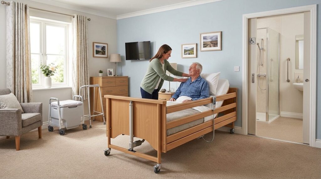 Professional stock photo of a bright, accessible bedroom ada