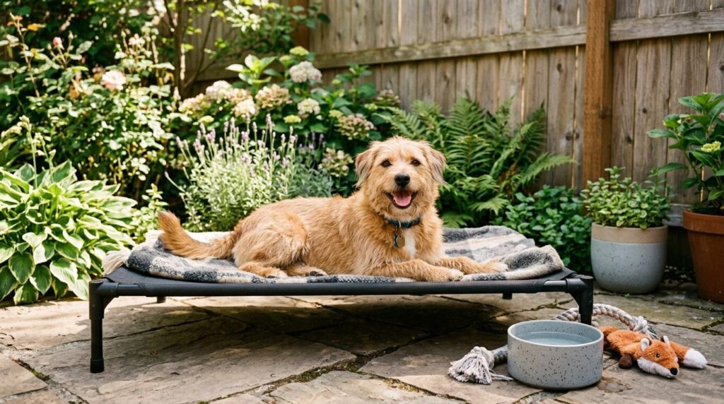 Close-up lifestyle photograph of a happy medium-sized dog re