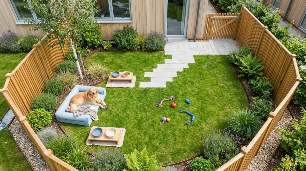 Overhead view of a functional dog yard layout in a residenti