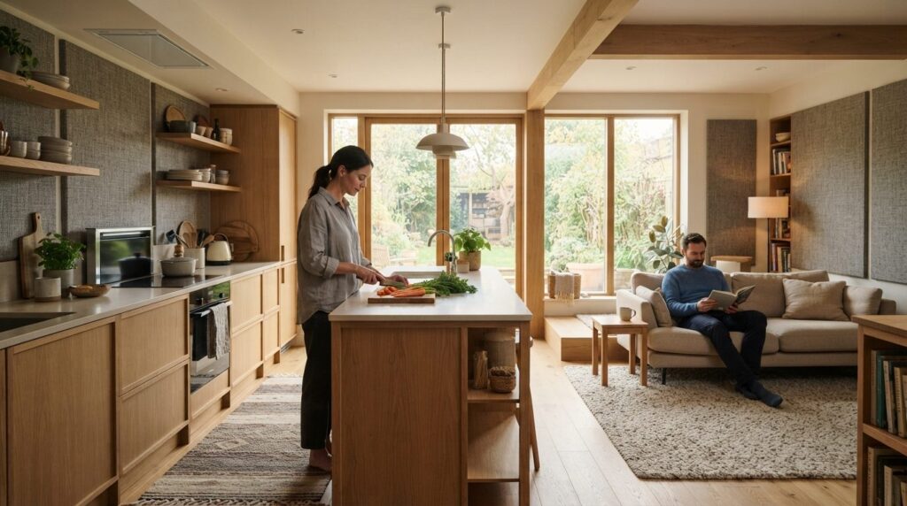 Wide-angle interior shot of a contemporary open kitchen with