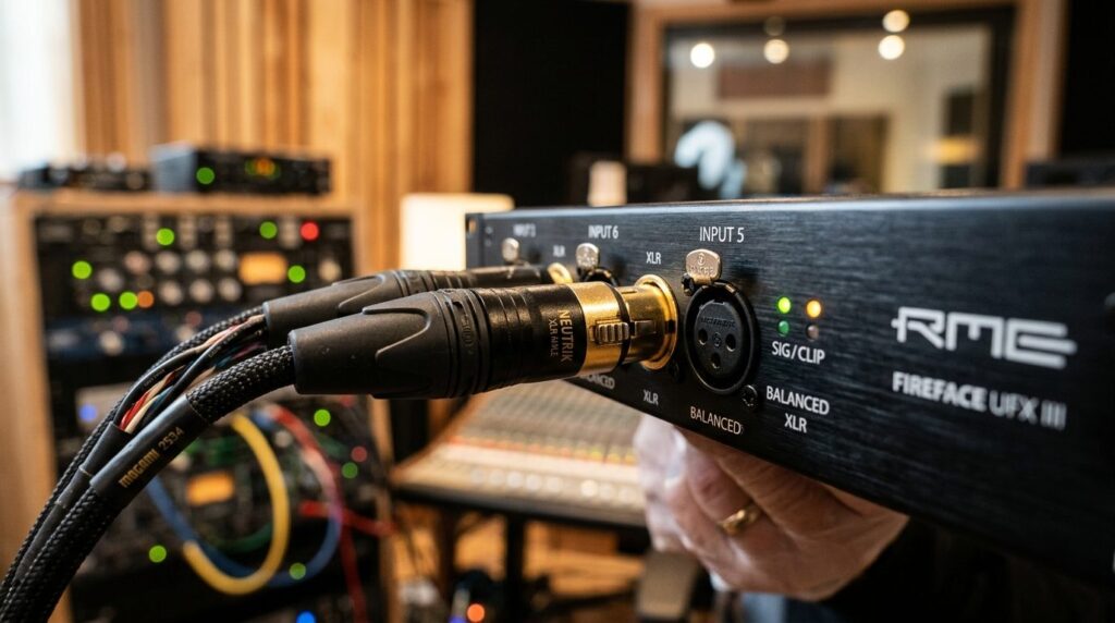 Close-up detail shot of professional XLR cable connectors be
