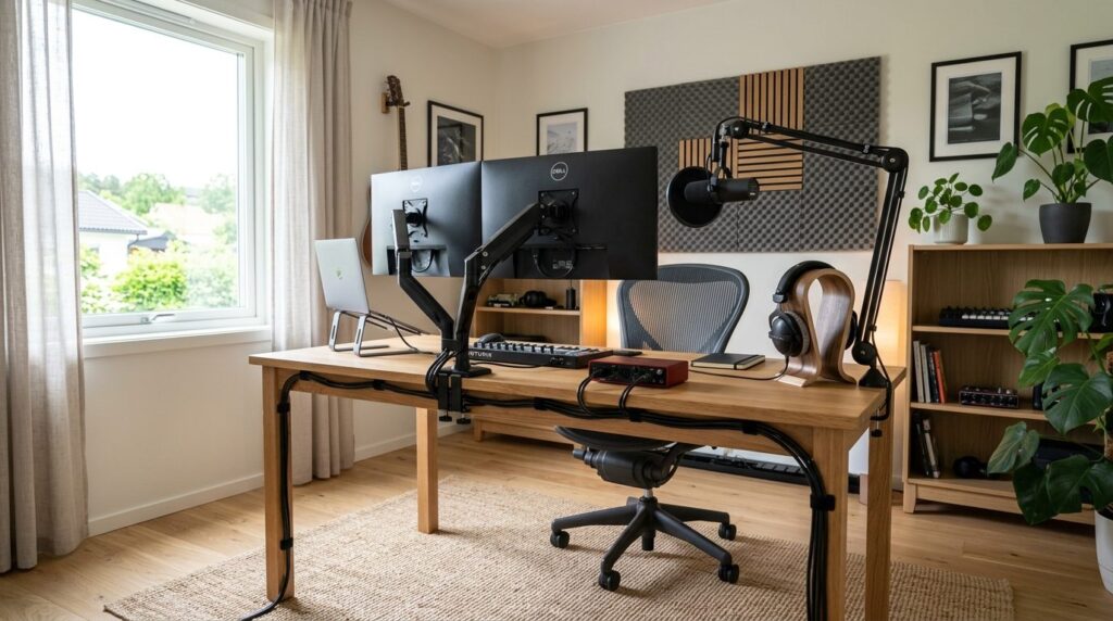 Wide angle view of organized home studio workspace with cabl