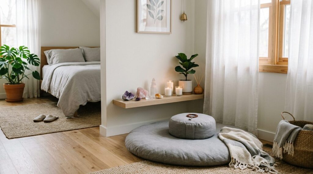 Serene meditation corner in small home space featuring medit
