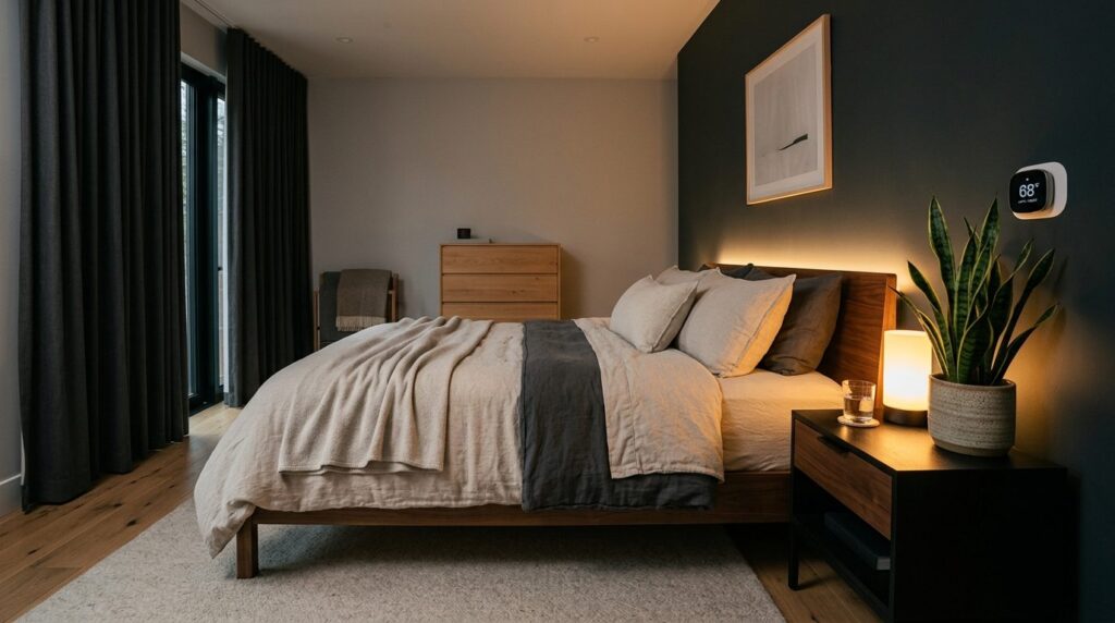 Modern bedroom environment at dusk with optimal sleep setup,