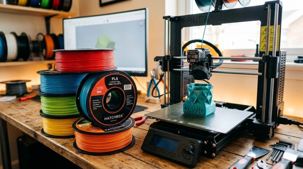 Close-up photorealistic shot of colorful PLA filament spools