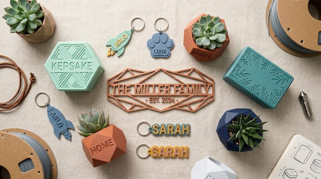Overhead flat-lay photorealistic image of personalized 3D-pr
