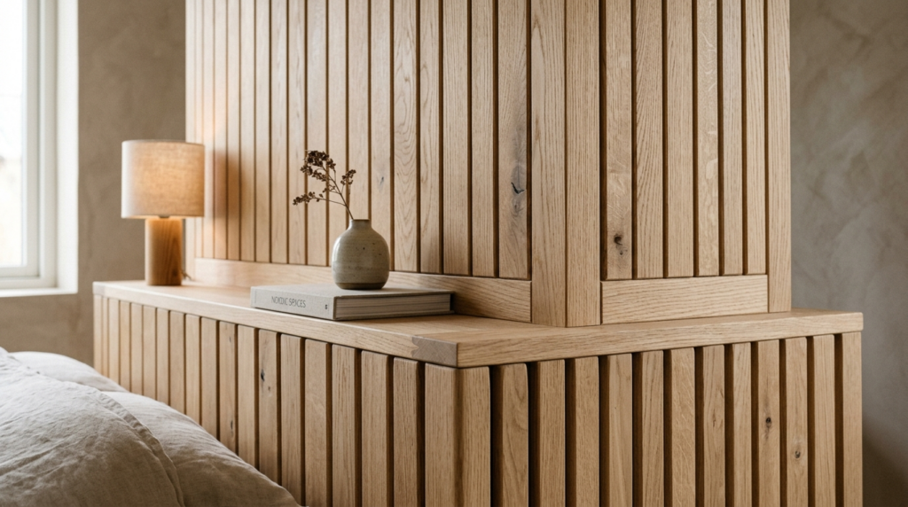 Håndlavet træpaneling på væg med detaljer i naturligt træ.