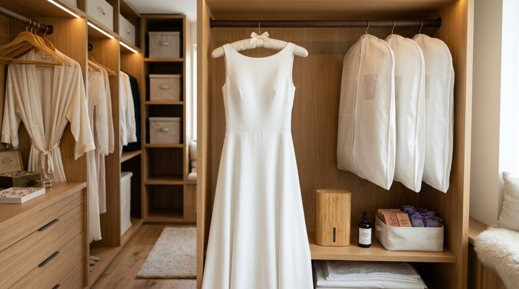 Serene bedroom closet interior featuring a pristine white we