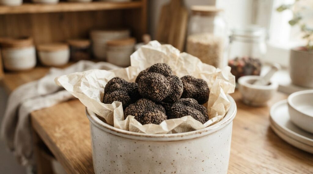 Close-up macro photography of Italian summer truffles in a c