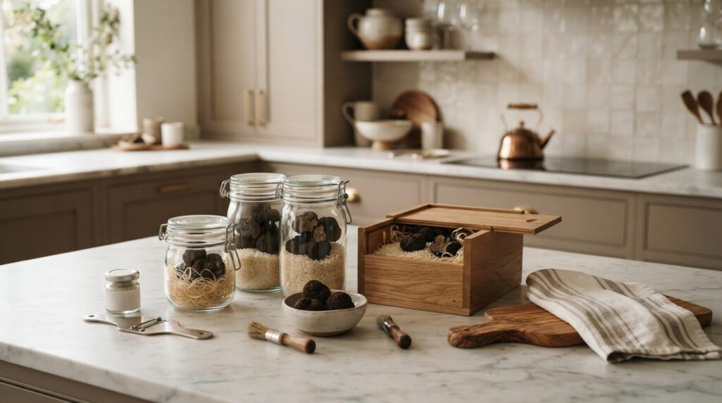 Elegant home interior shot of truffle storage setup on a mar