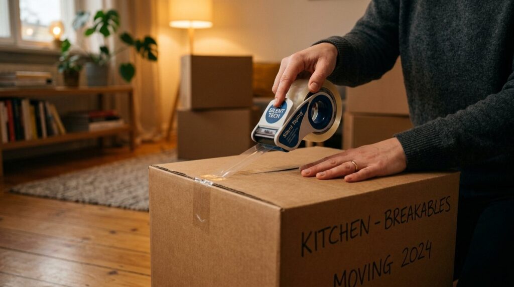 Close-up detailed shot of hands applying silent PP packing t