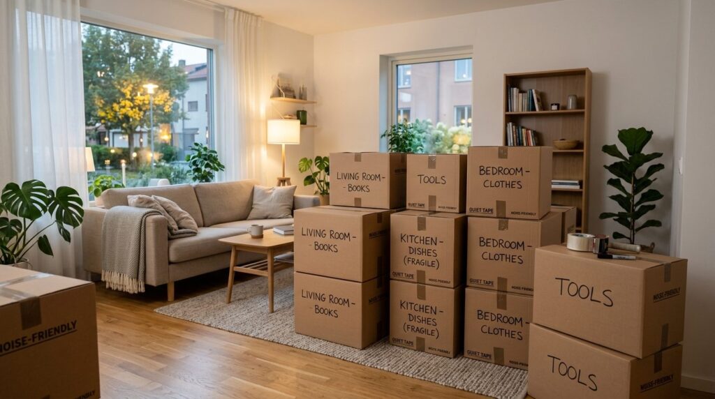 Wide shot of organized moving boxes neatly stacked in a cozy