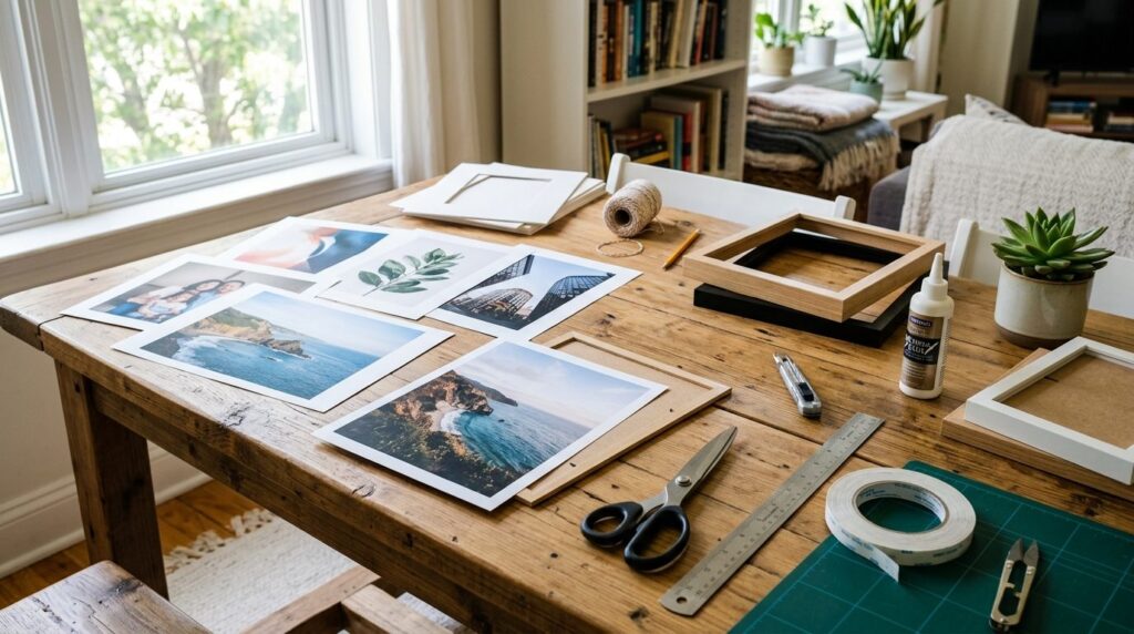 Bright home workspace setup showing printed photo posters la