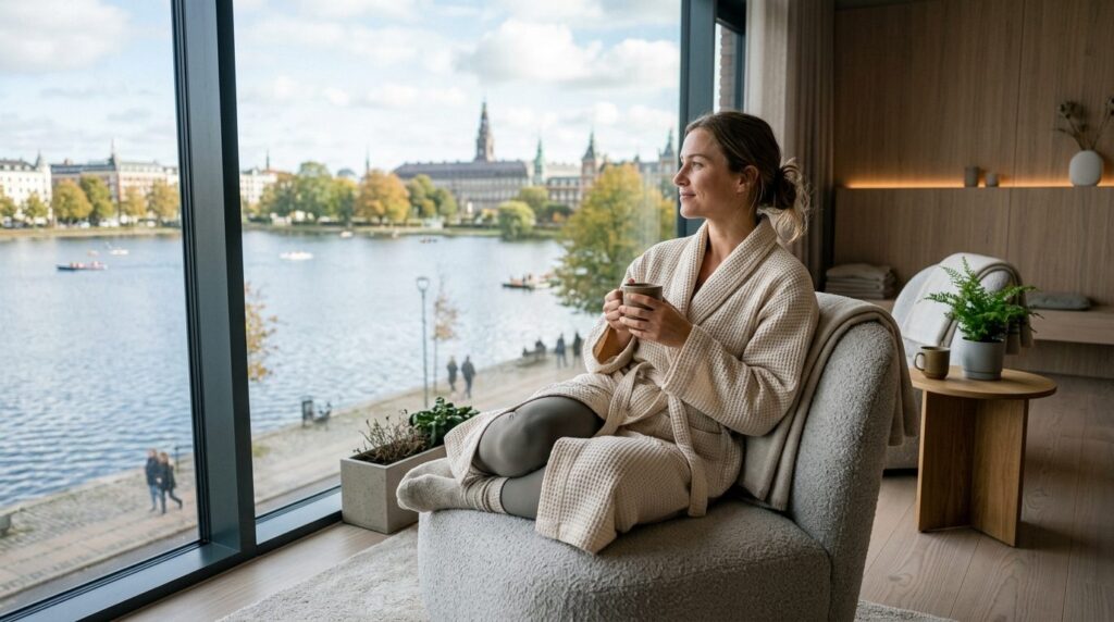 Professional lifestyle photograph of a woman relaxing in a m