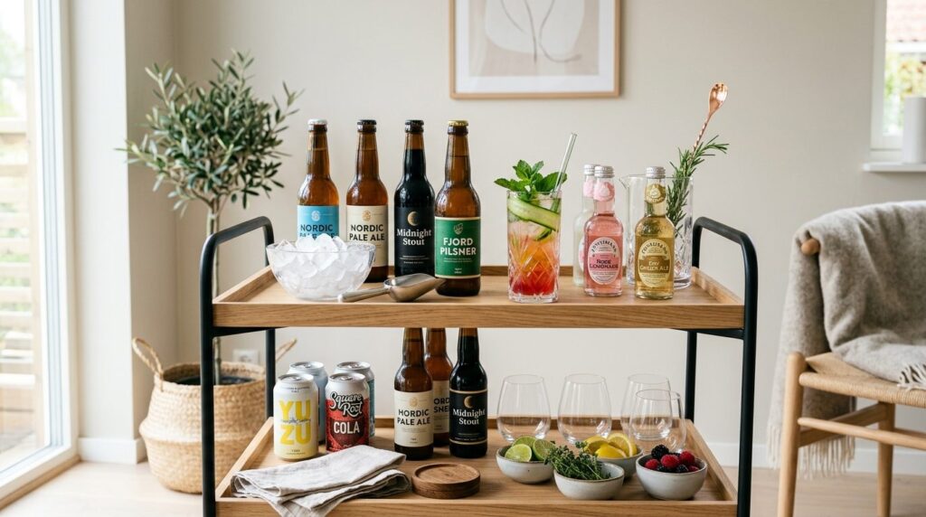 Close-up lifestyle photograph of a modern home bar cart disp
