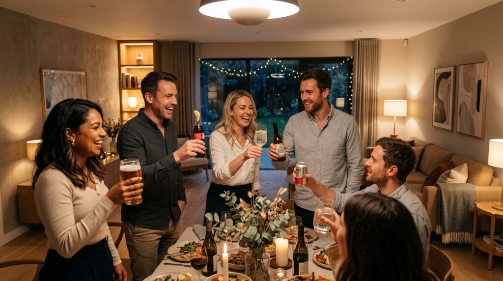 Warm interior photography of guests at a modern dinner party