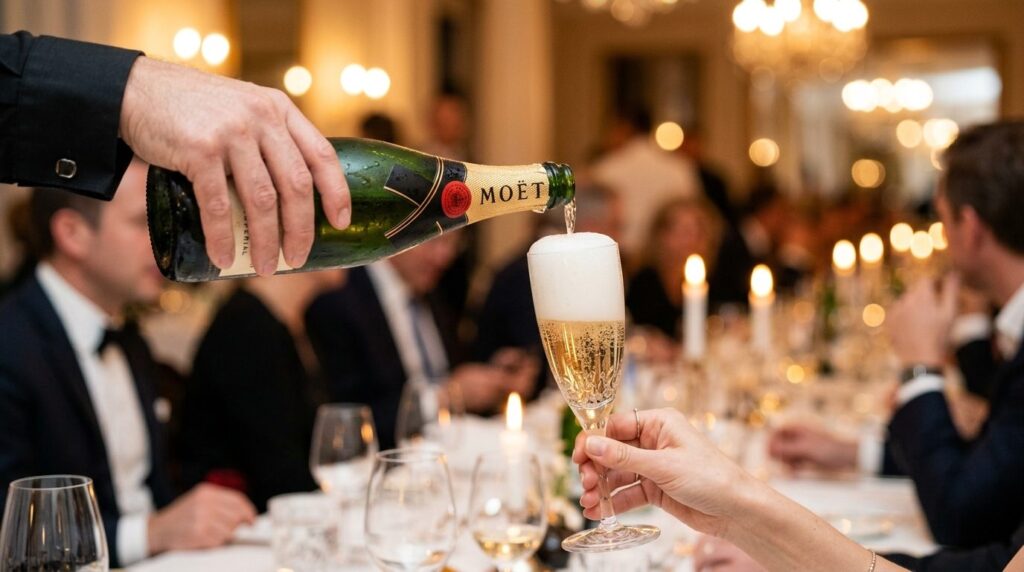 Sommelier hælder champagne i krystallindiglas.